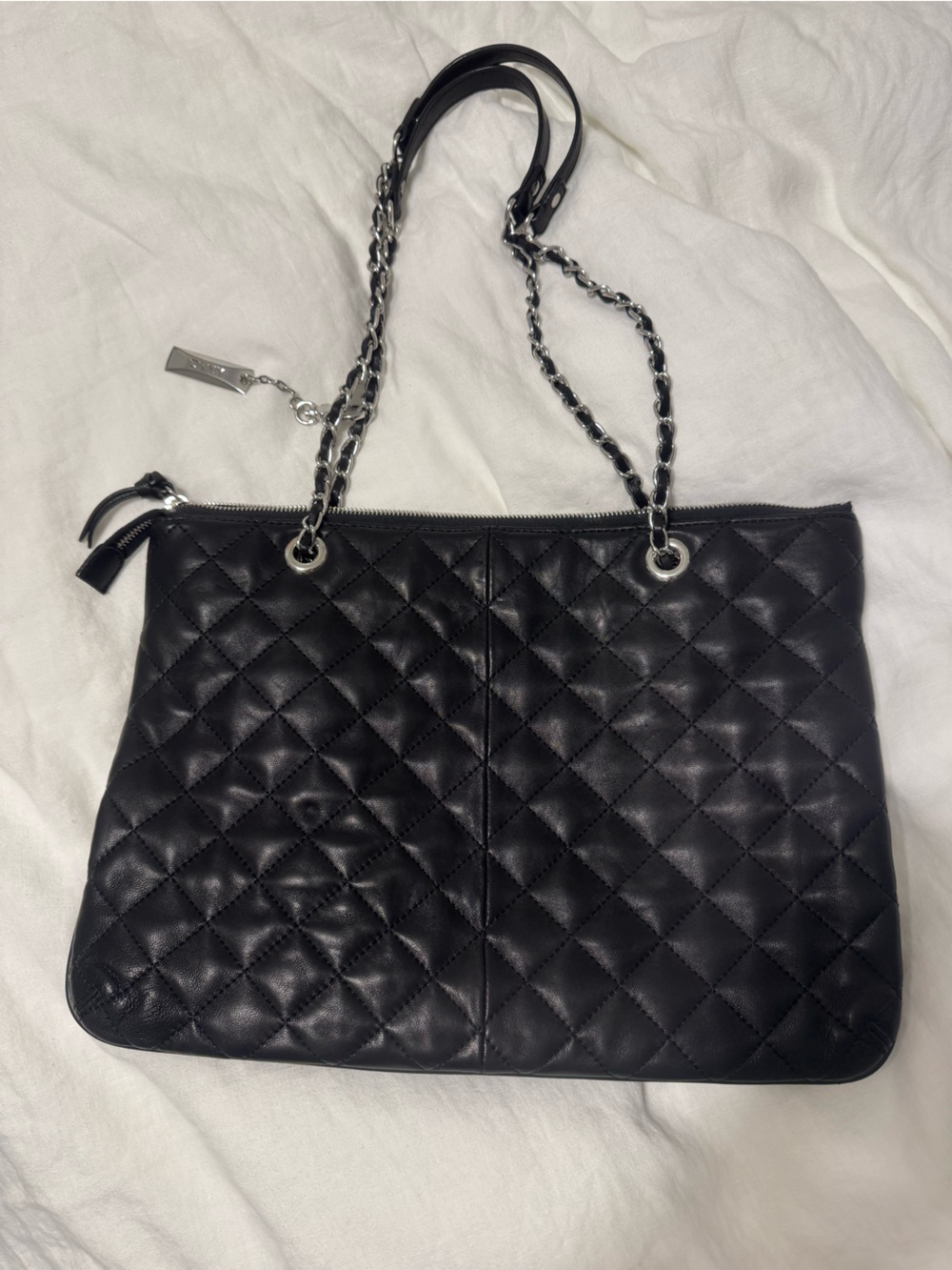 DKNY Quilted Leather Shoulder Bag Black with Silver Hardware Moto Luxe City - Picture 3 of 9